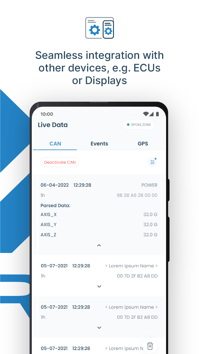 Conn.Logger live data screen listing timestamped CAN frames
