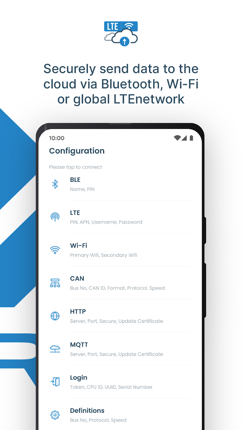 Conn.Logger configuration screen with BLE, LTE, Wi-Fi, CAN, HTTP and MQTT settings