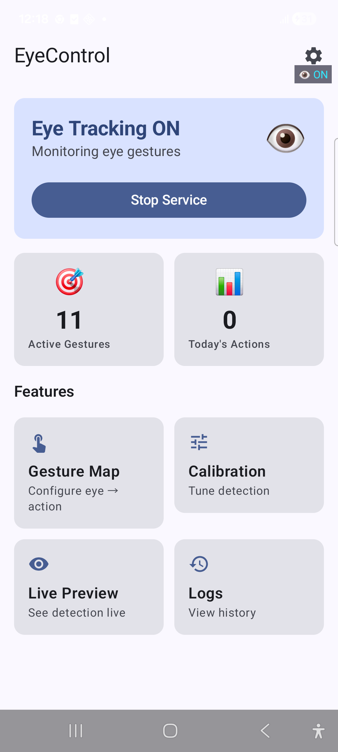 EyeControl home screen with eye tracking on, active gesture count and feature shortcuts