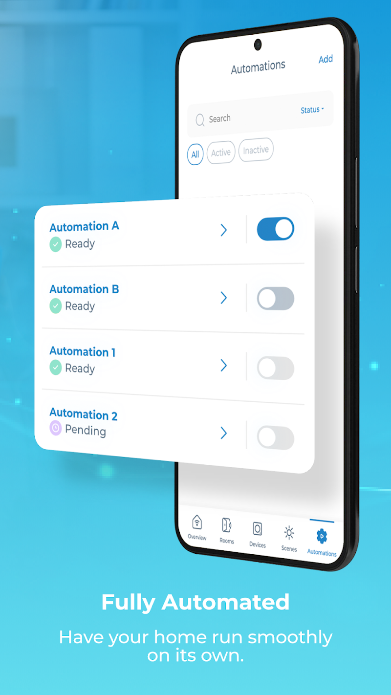 MTronic automations list with a toggle to enable each automation