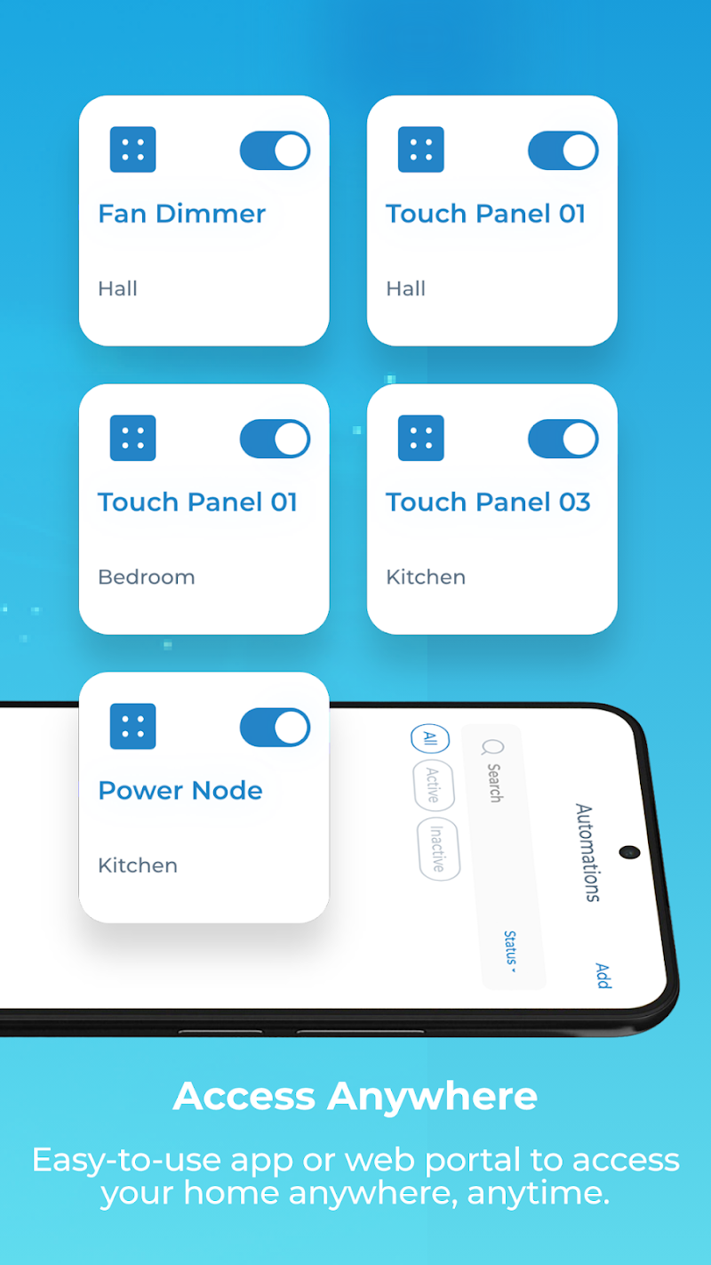 MTronic device cards for a fan dimmer, touch panels and a power node, each with an on/off toggle
