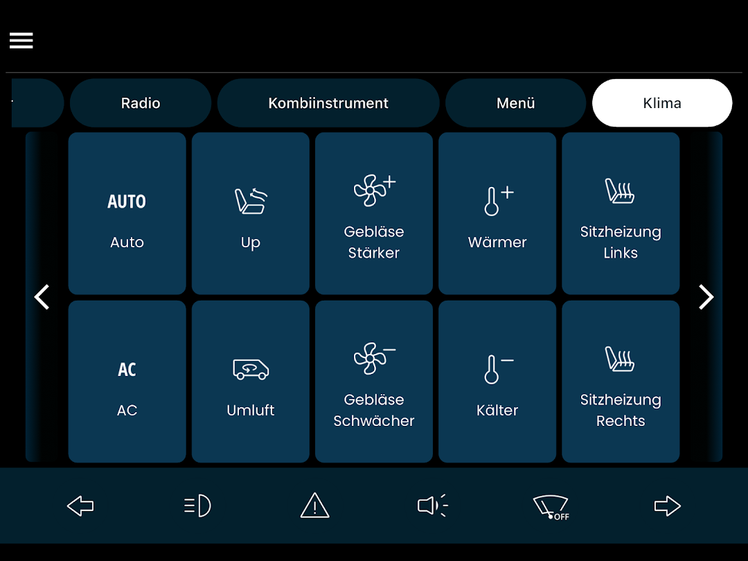 NX NextHMI climate screen with auto, AC, recirculation, blower, temperature and seat-heating controls