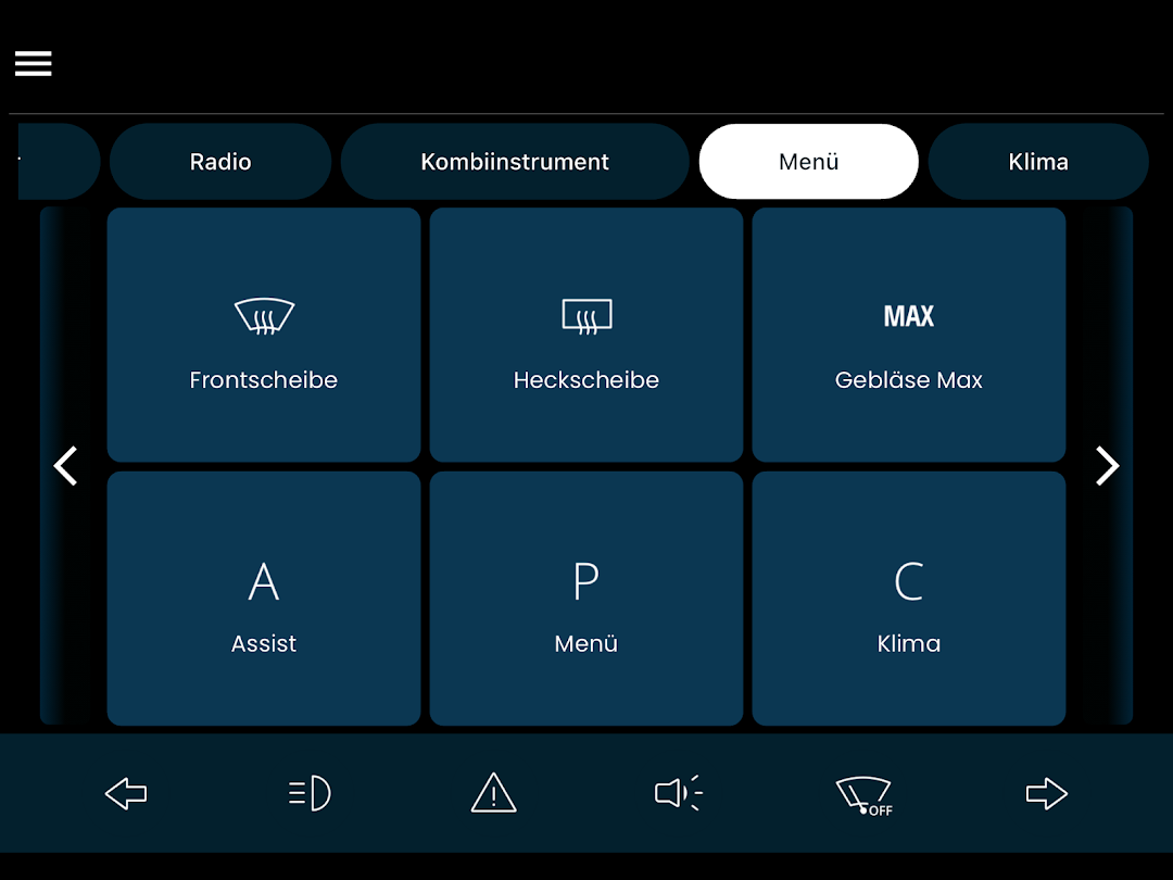 NX NextHMI menu screen with front and rear window heating, maximum blower, and shortcuts to Assist, Menu and Climate